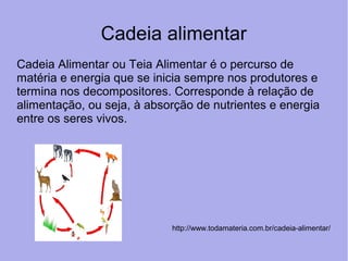 Cadeia alimentar
Cadeia Alimentar ou Teia Alimentar é o percurso de
matéria e energia que se inicia sempre nos produtores e
termina nos decompositores. Corresponde à relação de
alimentação, ou seja, à absorção de nutrientes e energia
entre os seres vivos.
http://www.todamateria.com.br/cadeia-alimentar/
 
