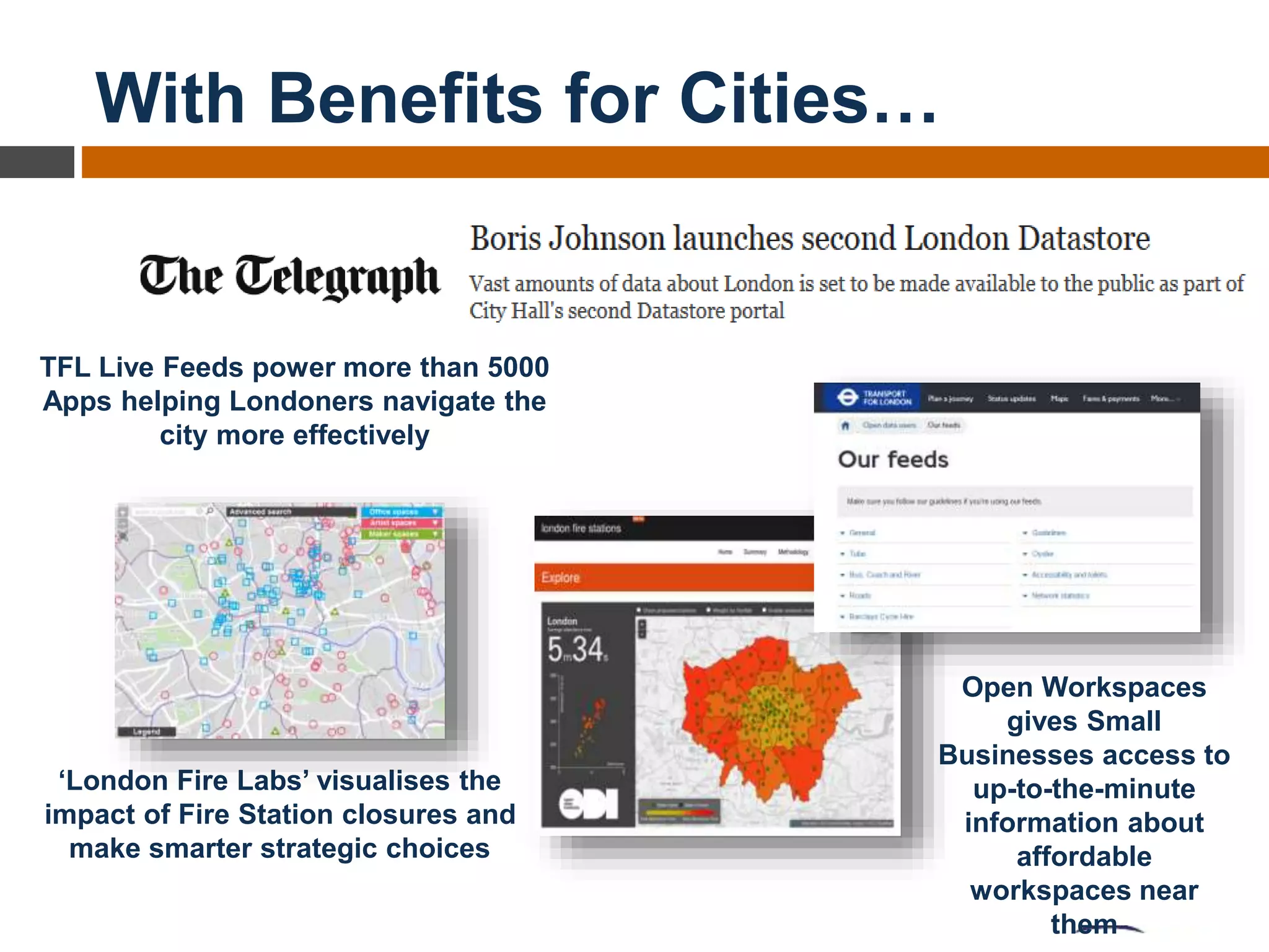With Benefits for Cities…
‘London Fire Labs’ visualises the
impact of Fire Station closures and
make smarter strategic choices
TFL Live Feeds power more than 5000
Apps helping Londoners navigate the
city more effectively
Open Workspaces
gives Small
Businesses access to
up-to-the-minute
information about
affordable
workspaces near
them
 