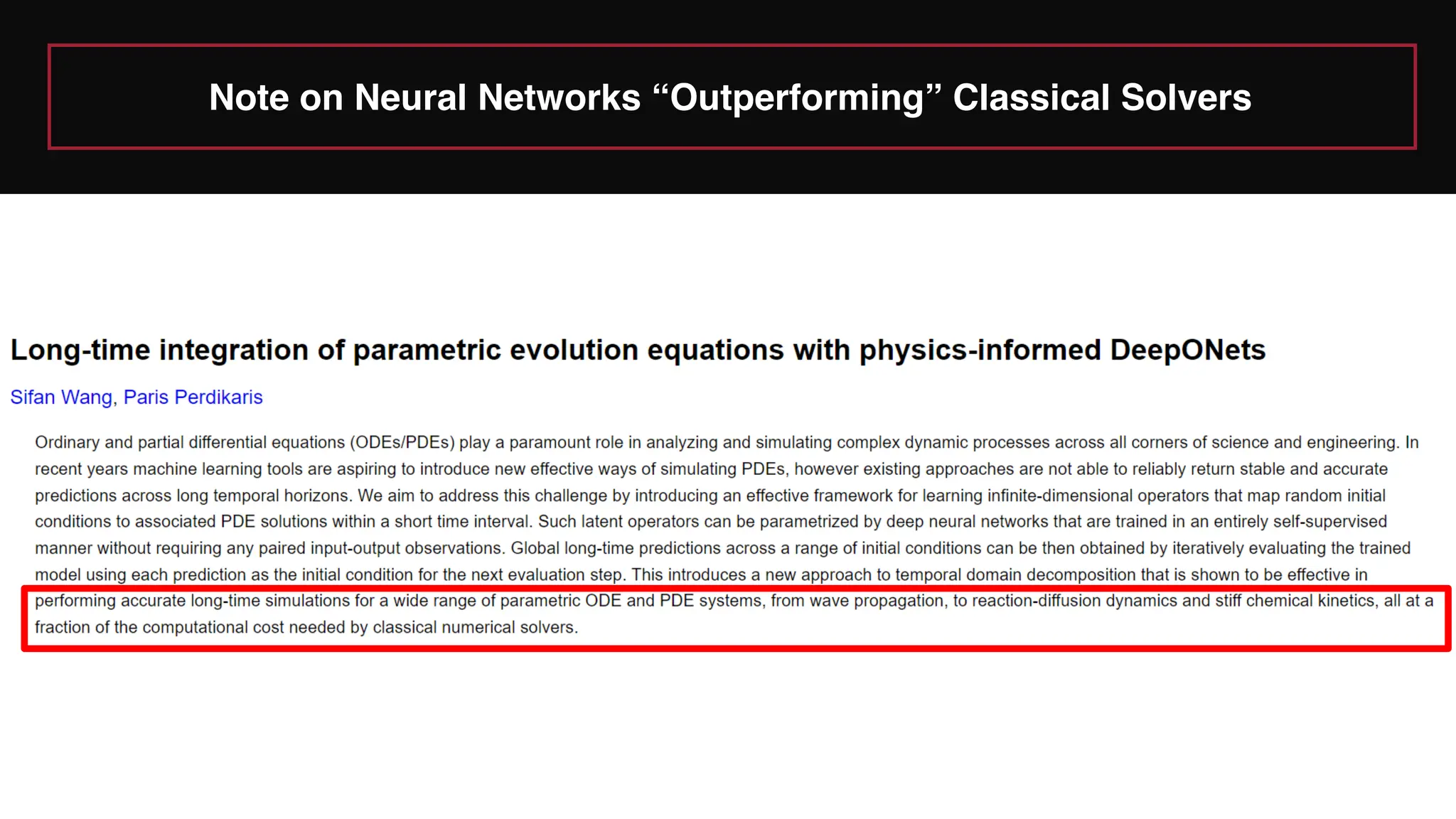 Note on Neural Networks “Outperforming” Classical Solvers
 