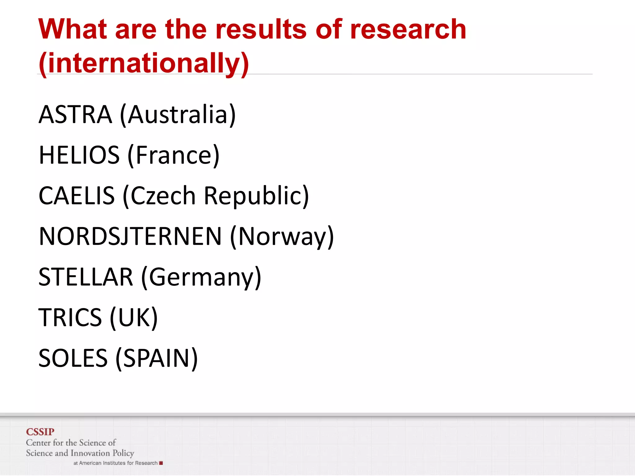 What are the results of research
(internationally)
ASTRA (Australia)
HELIOS (France)
CAELIS (Czech Republic)
NORDSJTERNEN (Norway)
STELLAR (Germany)
TRICS (UK)
SOLES (SPAIN)

 