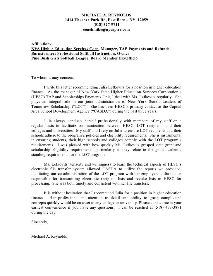 Julia Lefkovits Recommendation Letter Mike Reynolds Hesc