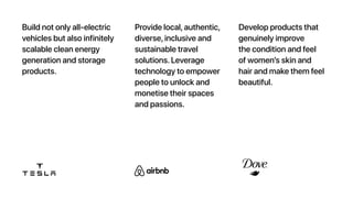 Provide local,authentic,
diverse, inclusive and
sustainable travel
solutions. Leverage
technology to empower
people to unlock and
monetise their spaces
and passions.
Develop products that
genuinely improve
the condition and feel
of women’s skin and
hair and make them feel
beautiful.
Build not only all-electric
vehicles but also infinitely
scalable clean energy
generation and storage
products.
 