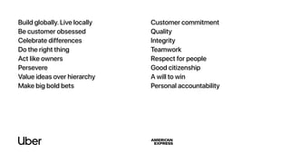 Build globally. Live locally
Be customer obsessed
Celebrate differences
Do the right thing
Act like owners
Persevere
Value ideas over hierarchy
Make big bold bets
Customer commitment
Quality
Integrity
Teamwork
Respect for people
Good citizenship
A will to win
Personal accountability
 