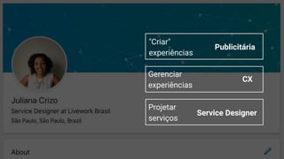 5
"Criar"
experiências
Gerenciar
experiências
Projetar
serviços
Publicitária
CX
Service Designer
 