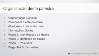 Organização desta palestra
1. Apresentação Pessoal
2. Para quem é esta palestra?
3. Wordpress: Uma visão geral
4. Informações Gerais
5. Passo 1: Identificação de Hacks
6. Passo 2: Remoção de Hacks
7. Passo 3: Pós-Hack
8. Perguntas & Respostas
 
