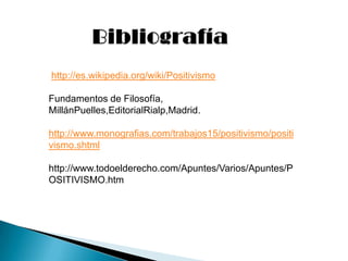 http://es.wikipedia.org/wiki/Positivismo

Fundamentos de Filosofía,
MillánPuelles,EditorialRialp,Madrid.

http://www.monografias.com/trabajos15/positivismo/positi
vismo.shtml

http://www.todoelderecho.com/Apuntes/Varios/Apuntes/P
OSITIVISMO.htm
 