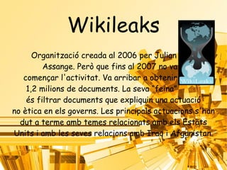 Wikileaks Organització creada al 2006 per Julian  Assange. Però que fins al 2007 no va  començar l'activitat. Va arribar a obtenir  1,2 milions de documents. La seva “feina”  és filtrar documents que expliquin una actuació no ètica en els governs. Les principals actuacions s'han dut a terme amb temes relacionats amb els Estats Units i amb les seves relacions amb Iraq i Afganistan. 