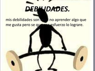 DEBILIDADES.
mis debilidades son el yo no aprender algo que
me gusta pero se que con esfuerzo lo lograre.
 