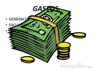 GASTOS.
• GENERALES.
• EXCLUSIVOS.
• ESPONTANEOS.
 