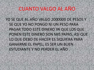 CUANTO VALGO AL AÑO
YO SE QUE AL AÑO VALGO 2000000 DE PESOS Y
SE QUE YO NO PONGO NI UN PESO PARA
PAGAR TODO ESTE DINERO YA QUE LOS QUE
PONEN ESTE DINERO SON MIS PAPAS, ASI QUE
LO QUE DEBO DE HACER ES SIQUIERA PARA
GANARME EL PAPEL, ES SER UN BUEN
ESTUDIANTE Y NO PERDER EL AÑO .
 