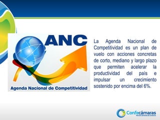 La Agenda Nacional de
Competitividad es un plan de
vuelo con acciones concretas
de corto, mediano y largo plazo
que permiten acelerar la
productividad del país e
impulsar     un     crecimiento
sostenido por encima del 6%.
 