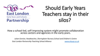 Should Early Years
Teachers stay in their
silos?
How a school-led, self-improving system might promote collaboration
across sectors and agencies in the early years.
Julian Grenier, Headteacher, Sheringham Nursery School and Children’s Centre
East London Partnership Teaching School Alliance www.eleysp.co.uk
 
