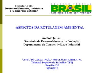 ASPECTOS DA ROTULAGEM AMBIENTAL


                 Antônio Juliani
   Secretaria de Desenvolvimento da Produção
   Departamento de Competitividade Industrial




   CURSO DE CAPACITAÇÃO ROTULAGEM AMBIENTAL
        Tribunal Superior do Trabalho (TST)
                   Brasília -DF
                    30/11/2012
 