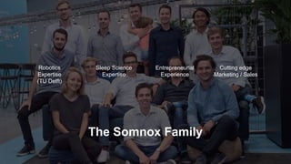 The Somnox Family
Robotics
Expertise
(TU Delft)
Sleep Science
Expertise
Entrepreneurial
Experience
Cutting edge
Marketing / Sales
 