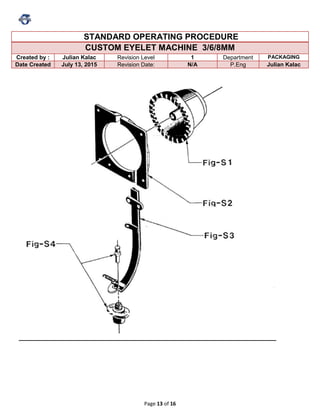 Page 13 of 16
STANDARD OPERATING PROCEDURE
CUSTOM EYELET MACHINE 3/6/8MM
Created by : Julian Kalac Revision Level 1 Department PACKAGING
Date Created July 13, 2015 Revision Date: N/A P.Eng Julian Kalac
 