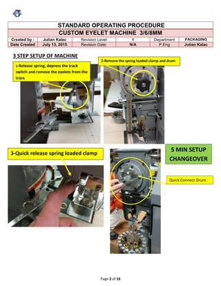 Page 2 of 16
STANDARD OPERATING PROCEDURE
CUSTOM EYELET MACHINE 3/6/8MM
Created by : Julian Kalac Revision Level 1 Department PACKAGING
Date Created July 13, 2015 Revision Date: N/A P.Eng Julian Kalac
3 STEP SETUP OF MACHINE
1-Release spring, depress the track
switch and remove the eyelets from the
track
2-Remove the spring loaded clamp and drum
3-Quick release spring loaded clamp
5 MIN SETUP
CHANGEOVER
Quick Connect Drum
 