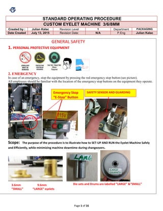 Page 1 of 16
STANDARD OPERATING PROCEDURE
CUSTOM EYELET MACHINE 3/6/8MM
Created by : Julian Kalac Revision Level 1 Department PACKAGING
Date Created July 13, 2015 Revision Date: N/A P.Eng Julian Kalac
GENERAL SAFETY
1. PERSONAL PROTECTIVE EQUIPMENT
2. EMERGENCY
In case of an emergency, stop the equipment by pressing the red emergency stop button (see picture).
All employees should be familiar with the location of the emergency stop buttons on the equipment they operate.
Scope: The purpose of the procedure is to illustrate how to SET-UP AND RUN the Eyelet Machine Safely
and Efficiently, while minimizing machine downtime during changeovers.
Emergency Stop
“E-Stop” Button
3.6mm 9.6mm
“SMALL” “LARGE” eyelets
Die sets and Drums are labelled “LARGE” &“SMALL”
SAFETY SENSOR AND GUARDING
 