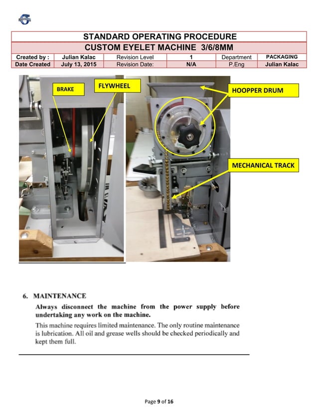 Custom Lean Eyelet machine SOP with 5 min changeover
