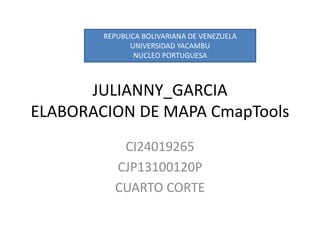 JULIANNY_GARCIA
ELABORACION DE MAPA CmapTools
CI24019265
CJP13100120P
CUARTO CORTE
REPUBLICA BOLIVARIANA DE VENEZUELA
UNIVERSIDAD YACAMBU
NUCLEO PORTUGUESA
 