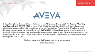 Copyright © 2016 AVEVA Solutions Limited and its subsidiaries. All rights reserved.
Juliano Pamplona, Oceana Shipyard discusses the ‘Changing Concept of Production Planning
and Control with AVEVA ERM’ at the AVEVA World Summit, 2016 in New Orleans. Learn how
planning concept and interface activities between Engineering, Procurement, Warehouse, and
Planning departments are planned through AVEVA ERM. Juliana also explains the challenges on
shipyard implementation, ERM selection process and the steps of AVEVA ERM implementation and
integration with SAP. As a result, AVEVA were able to support shipbuilding processes at Oceana
through the use of ERM.
Find out more about how AVEVA can support your business
www.aveva.com
 