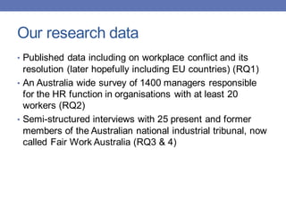 Our research data
• Published data including on workplace conflict and its
resolution (later hopefully including EU countries) (RQ1)
• An Australia wide survey of 1400 managers responsible
for the HR function in organisations with at least 20
workers (RQ2)
• Semi-structured interviews with 25 present and former
members of the Australian national industrial tribunal, now
called Fair Work Australia (RQ3 & 4)
 
