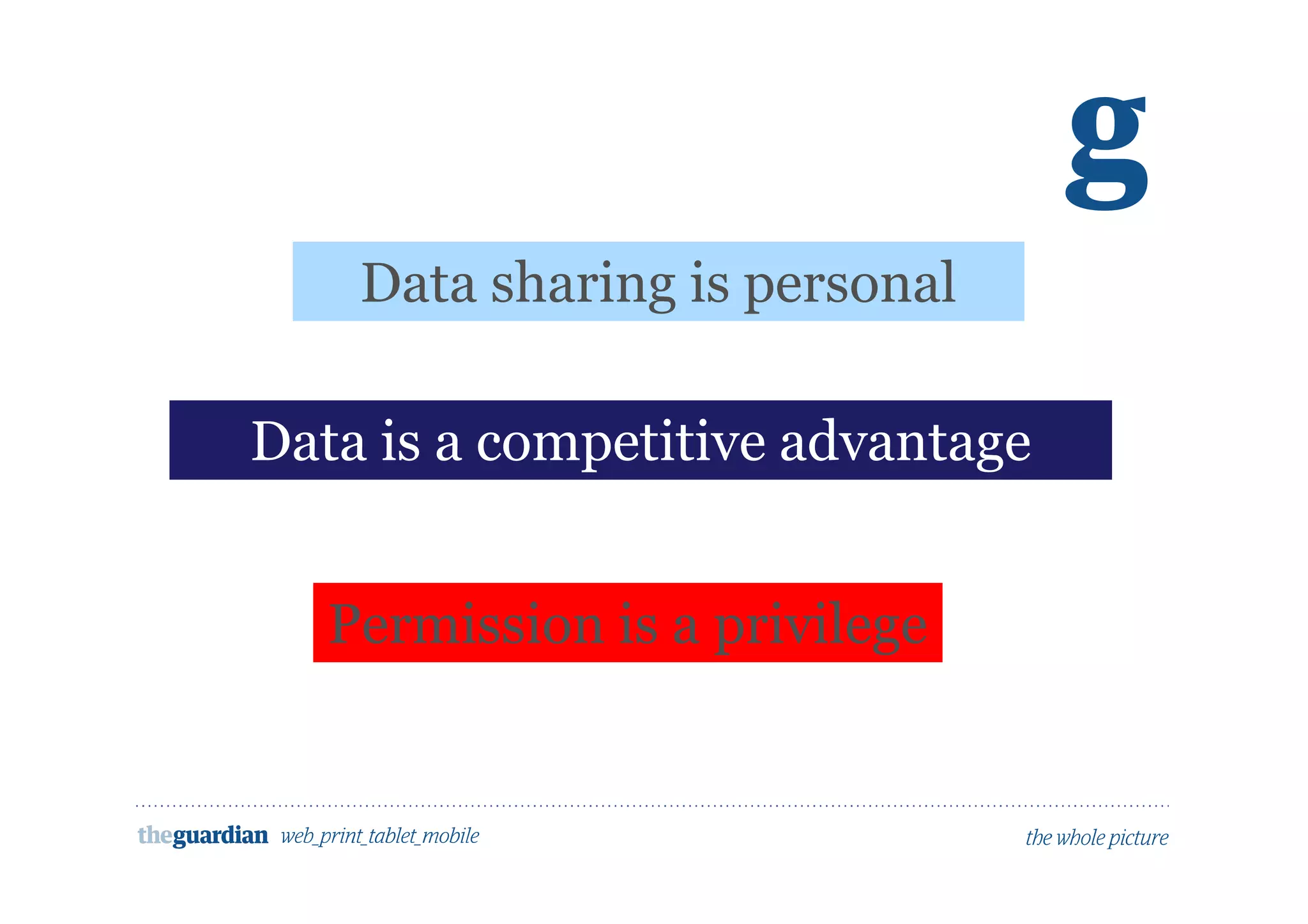 Data sharing is personal
Data is a competitive advantage
Permission is a privilege
 