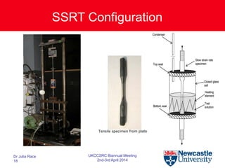Tensile specimen from plate
Slow strain rate
specimen
Test
solution
Closed glass
cell
Condenser
Top seal
Bottom seal
Heating
element
Slow strain rate
specimen
Test
solution
Closed glass
cell
Condenser
Top seal
Bottom seal
Heating
element
SSRT Configuration
Dr Julia Race
18
UKCCSRC Biannual Meeting
2nd-3rd April 2014
 