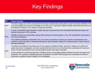 Key Findings
WP Project findings
WP1
The likely ranges of non-CO2 components from major industrial and power plant sources have been identified. This
work has updated the previous knowledge in this area and, in particular, allowed realistic experimental protocols to
be defined for testing in CO2 streams containing impurities.
WP2
A novel, numerically cheap equation of state has been produced that more accurately describes the phase and
density behaviours of CO2 mixtures.
Reliable methods for reproducibly making dilute mixtures of impurity gases in CO2 with well-defined compositions
have been developed.
The published database of densities of key CO2 binary and ternary mixtures as a function of temperature and
pressure and the boundary in temperature/pressure space between single and multiple phases in these mixtures
has been extended.
WP3
The effects that different impurities have on key aspects of pipeline design, operation, integrity and health and
safety have been investigated, and new requirements that need to be considered when specifying the maximum
levels of these impurities for entry into the pipeline system have been proposed.
A best practice for conducting hydraulic modelling using commercially available software has been proposed and
published. The hydraulic modelling approach developed in the MATTRAN programme has allowed the effect of
impurities on pipeline network design to be investigated.
Dr Julia Race
28
UKCCSRC Biannual Meeting
2nd-3rd April 2014
 