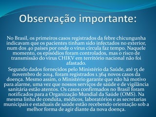 No Brasil, os primeiros casos registrados da febre chicungunha
indicavam que os pacientes tinham sido infectados no exterior,
num dos 40 países por onde o vírus circula faz tempo. Naquele
momento, os episódios foram controlados, mas o risco de
transmissão do vírus CHIKV em território nacional não foi
afastado.
Segundo dados fornecidos pelo Ministério da Saúde, até 15 de
novembro de 2014, foram registrados 1.364 novos casos da
doença. Mesmo assim, o Ministério garante que não há motivo
para alarme, uma vez que nossos serviços de saúde e de vigilância
sanitária estão atentos. Os casos confirmados no Brasil foram
notificados para a Organização Mundial da Saúde (OMS). Na
mesma linha de conduta, médicos, laboratórios e as secretarias
municipais e estaduais de saúde estão recebendo orientação sob a
melhor forma de agir diante da nova doença.
 