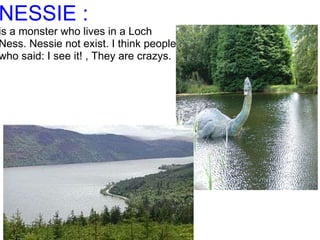 NESSIE : is a monster who lives in a Loch  Ness. Nessie not exist. I think people  who said: I see it! , They are crazys. 