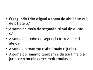 • O segundo trim e igual a soma de abril que vai
de b1 ate b7
• A soma de maio do segundo tri vai de c1 ate
c7
• A soma de junho do segundo trim vai de d1
ate d7
• A soma do maximo e abril;maio e junho
• A soma do minimo tambem e de abril maio e
junho e o medio o mesmoformulas
 