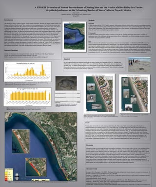 A GPS/GIS Evaluation of Human Encroachment of Nesting Sites and the Habitat of Olive Ridley Sea Turtles
                                                                                 (Lepidochelysolivacea) on the Urbanizing Beaches of Nuevo Vallarta, Nayarit, Mexico
                                                                                                                                                     Julia Carrillo
                                                                                                                                Capstone Advisors : Dr. Yong Lao & Dr. Manuel Carlos
                                                                                                                                                     Spring 2012


Introduction                                                                                                                                                                               Methods
The beaches of Nuevo Vallarta, Nayarit, which include Flamingos, Bucerias and Mayan Palace beaches, are                                                                                    Nest Data
located on Mexico's Pacific coast. These beaches have nesting populations of Olive Ridley sea turtles that                                                                                 A table was provided by NVSTP and its sponsors. Information collected on this table is sent to overseeing government
exceed all others in the state, the Central Coast and the Northwest of Mexico (M. Carlos pers. com). Nuevo                                                                                 agencies. Each nest included data such as date, time, relative location, moon phase, observed tide phase, egg count, and
Vallarta has fourteen kilometers, about eight and a half miles of beachfront property, seven miles of                                                                                      vertical zone of deposition. The 14km beach was divided into 0.5km sections. The distribution of nests and egg count
shippable water channels, and a 300 slip marina. It is located 20 minutes north of Puerto Vallarta in the                                                                                  along the beach were evaluated using descriptive statistics.
adjacent state of Jalisco. The area has been designated for tourist resort development and recently was made
part of the Riviera Nayarit. It is also the site of a sea turtle conservation effort that is being carried out by                                                                          Ethnography
the Comisión Nacional de Áreas Naturales Protegidas (CONANP) and the Mexican non-governmental                                                                                              In order to evaluate nesting data outliers I needed to visit the site. Through participant observation I was able to
organization, AMA MEXICO A.C. through the Nuevo Vallarta Sea Turtle Preserve (NVSTP). Rapid resort                                                                                         understand some of the challenges facing conservation efforts. Additionally, use of this technique provided evidence
development and urbanization of beaches leads to disturbance and habitat fragmentation which reduces                                                                                       unavailable through quantitative methods.
biodiversity and leads populations to extinctions (Davenport & Davenport, 2005) Although, sea turtles face
many challenges for survival, both researchers and conservationists agree that the largest anthropogenic                                                                                   GPS
threat to sea turtles is coastal development. (Donlan, Wingfield, Crowder, & Wilcox, 2008) The purpose of                                                                                  GPS was chosen as the method to measure human intrusion on nesting habitat. A Trimble GeoXM GPS device was
this study is to measure and document human intrusion on sea turtle nesting habitat on a recently urbanized                                                                                used to measure human development on beach shores. This included all beach front structures such as recreational
and commercialized beach. This study also describes nesting preferences along the beach.                                                                                                   sporting courts, palapas (shaded structures made from palm trees ), and areas used to store aquatic recreational vehicles.
                                                                                                                                                                                           Most of the 14km of protected beach was measured, small pockets were not mapped due to fast currents emptying from
                                                                                                                                                                                           rivers due to mass rains. GPS was also used to map areas of human drainage and photographs were used to document
Research Questions                                                                                                                                                                         current pollution to monitor changes. In order to asses compliance of federal laws on coastal habitat high tide needed to
                                                                                                                                                                                           be measured with GPS. To measure loss of protected habitat, available beachfront area needed to be quantified.
(1) Can we characterize the nesting distribution along the North Shore of the Bay of Banderas?
(2) Can we quantify and document human drainage to the sea?
(3) How much protected habitat have humans removed from available nesting use?
                                                                                                                                      Analysis
                                                                                                                                      All GPS data collected was exported from the device using Trimble GPS Pathfinder Office 9.2. The data was
                                                                                                                                      differentially corrected using a base station 70km away in Colima, Mexico. After export, data was imported into
                                                                                                                                      ArcMap 10.0. To quantify human intrusion, a 20 meter buffer of high tide was used as the total available area.
                                                                                                                                      Measured urbanization within the buffer was removed from available nesting grounds. Data collected on drainage
                                                                                                                                      was displayed and had photographs linked to each point.




 Figure 1.Average egg distribution for July 2011 vs. protected beach zone. The distribution of egg
 count varied little. This showed little variation among 0.5km sections.




                                                                                                                  Total Protected area (m²)                         157973


                                                                                                                  Human development  (m²)                               43705


                                                                                                                  Available nesting grounds (m²)                    114268
                                                                                                                   Habitat loss                                     27.67%
                                                                                                                   Figure 6.Coastal habitat available for nesting and
                                                                                                                   human development within this area measured
                                                                                                                   with GPS.
    Figure 2. Nesting incidences throughout 14km of protected beaches. Comparison of beach
    segments clearly shows nesting preferences with areas of higher concentration.




                                                                                                                                                                                Figure 4. Beach contamination sites less than 0.25 miles from the turtle             Figure 5. Contamination less than 0.25 miles south of NVSTP.
                                                                                                                                                                                preserve are shown in green triangles. Area in purple is protected habitat lost to   Locations accompanied by photographs.
                                                                                                                                                                                human development.



                                                                                                                                                                                    Results

                                                                                                                                                                                    Nesting data showed that sea turtle nesting varied along the 14km coast. Turtle nesting throughout the beach was
                                                                                                                                                                                    disproportionate with a hotspot at the 11.5-11.9 km range (Fig. 1). Average egg count along the beach was shown to
                                                                                                                                                                                    remain constant with only small differences found along the shore (Fig. 2). Additionally, a dot density map shows the
                                                                                                                                                                                    distribution along the beach, highlighting areas with high nesting incidences. (Fig. 3). All visible human drainage that
                                                                                                                                                                                    emptied to the ocean was mapped and had photographs taken to monitor changes. Throughout the study area 26 ocean
                                                                                                                                                                                    draining locations were found. Maps of local water contamination 200 meters north of the NVSTP (Fig. 4) & and south of
                                                                                                                                                                                    the NVSTP (Fig. 5). Total federally protected habitat from high tide extending 20 meters inland was measured to be
                                                                                                                                                                                    157,973 m². Human development was measured to occupy 43,705 m². Allowing only for 114,268 m² available for sea
                                                                                                                                                                                    turtle nesting. Urbanization has lead to a 27.67% loss in protected coastal habitat on these shores (Fig. 6).




                                                                                                                                                                                     Discussion

                                                                                                                                                                                     Although average nest size along the beach was similar, distribution of nests varied with as few as 1 nest and other 0.5km
                                                                                                                                                                                     sections with over 100 nests in that month. Areas with ocean draining and accompanying photographs will be used to
                                                                                                                                                                                     monitor changes or note additions. Since sea turtles return to the same beaches where they hatched to later nest, it would
                                                                                                                                                                                     be essential to maintain or strengthen conservation efforts in highly nested areas. Additionally, Olive Ridley's are only one
                                                                                                                                                                                     of two sea turtle species that partakes in arribada nesting behavior and unlike solitary nesting, arribadas are mass
                                                                                                                                                                                     aggregations with hundreds to thousands of turtles all laying their eggs in small beach areas within a few nights (Plotkin,
                                                                                                                                                                                     Rostal, &Byles, 1997). A characterization of their nesting preferences along the protected shore would help current
                                                                                                                                                                                     conservation efforts by guiding biologists to highly nested locations so that they may increase poaching protection if
                                                                                                                                                                                     needed. Moreover, these hotspot areas are important to consider for further beach development and for the placement of
                                                                                                                                                                                     beach lighting due to the negative effects it has on adult and especially hatchling navigation.




                                                                                                                                                                                     Literature Cited




                     ±
                                                                                                                                                                                     Davenport, J., & Davenport, J. L. (2005). The impact of tourism and personal leisure transport on coastal environments: A
                                                                                                                                                                                     Review. Estuarine Coastal and Shelf Science. 67 : 292-280.
                                                                                                                                                                                     Donlan, C., Wingfield, D., Crowder, L., et all. (2010). Using expert opinion surveys to rank threats to endangered species:
                                                                                                                                                                                     A case study with sea turtles.
                                                                                                                                                                                     Conservation Biology. 24 (6): 186-195.
                                                             0   0.5   1    2       3      4
                                                                                            Kilometers
                                                                                                                                                                                     ESRI 2011. Environmental Systems Research Institute. ArcGIS (Version 10.0). Redlands, CA. http://www.esri.com.
       Figure 3. Dot density map with nesting incidences for July 2011, each color represents a different range in count per each 0.5km section.                                     Plotkin, P.T., Rostal, D.C., Byles, R.A. et al. (1997) Reproductive and developmental synchrony in female
                                                                                                                                                                                     Lepidochelysolivacea. Journal of Herpetology. 31(1):17-22.
                                                                                                                                                                                     Trimble 2002. Trimble Navigation Limited. GPS Pathfinder Office (Version 9.2). Sunnyvale, CA. http://www.trimble.com.
 