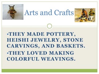They were hunters and farmersClothing and ToolsMen wore breechcloths and women wore dresses called Mantas which were made of cotton.