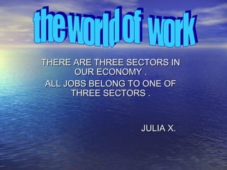 THERE ARE THREE SECTORS INTHERE ARE THREE SECTORS IN
OUR ECONOMY .OUR ECONOMY .
ALL JOBS BELONG TO ONE OFALL JOBS BELONG TO ONE OF
THREE SECTORS .THREE SECTORS .
JULIA X.JULIA X.
 