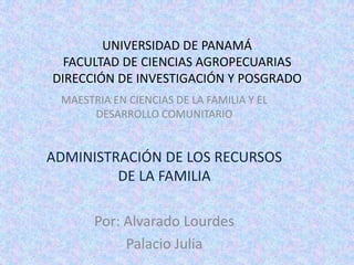 UNIVERSIDAD DE PANAMÁFACULTAD DE CIENCIAS AGROPECUARIASDIRECCIÓN DE INVESTIGACIÓN Y POSGRADO MAESTRIA EN CIENCIAS DE LA FAMILIA Y EL DESARROLLO COMUNITARIO ADMINISTRACIÓN DE LOS RECURSOS DE LA FAMILIA Por: Alvarado Lourdes Palacio Julia 