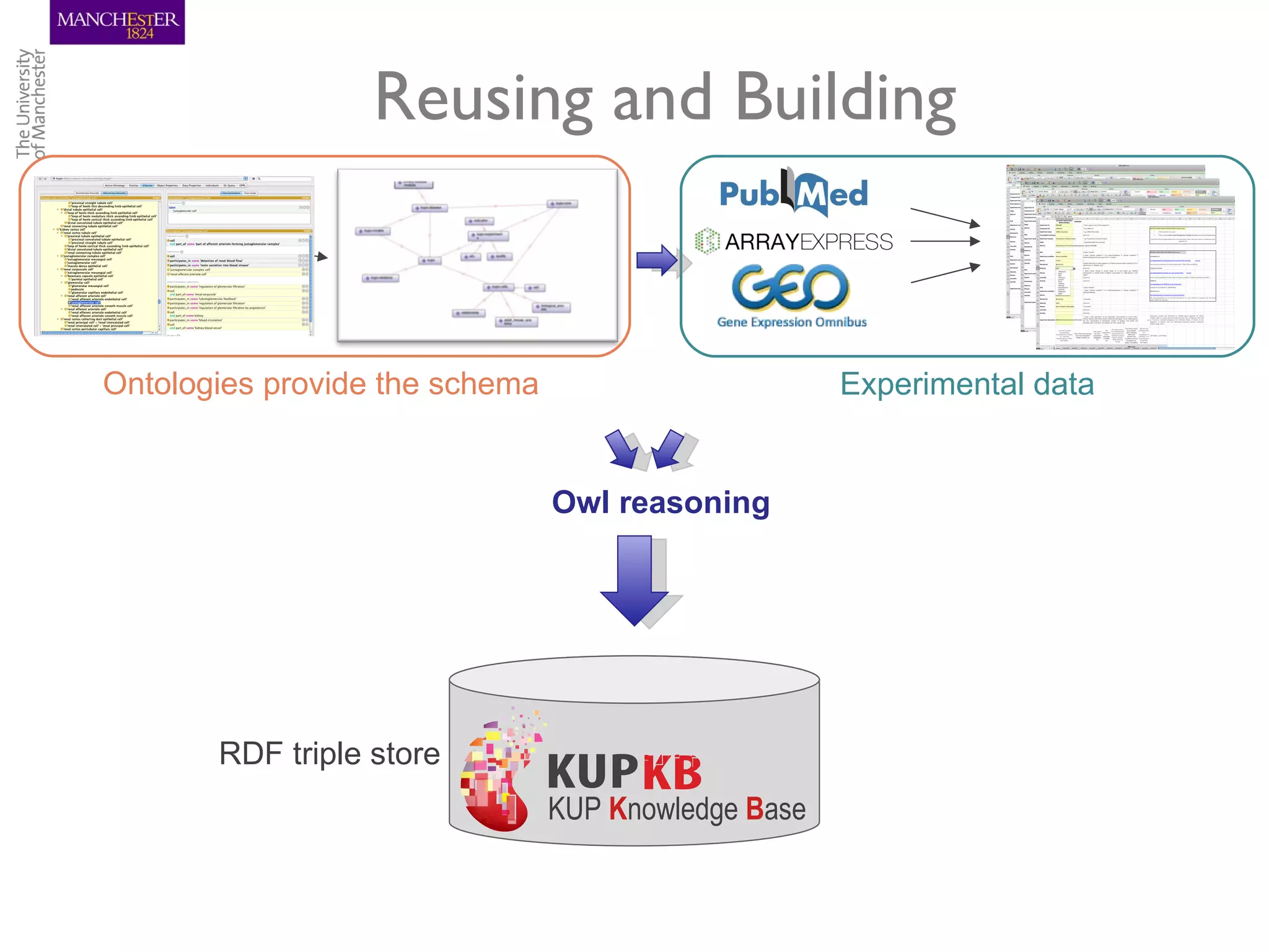 Reusing and Building


Ontologies provide the schema                        Experimental data


                                Owl reasoning




       RDF triple store
                                KUP Knowledge Base
 