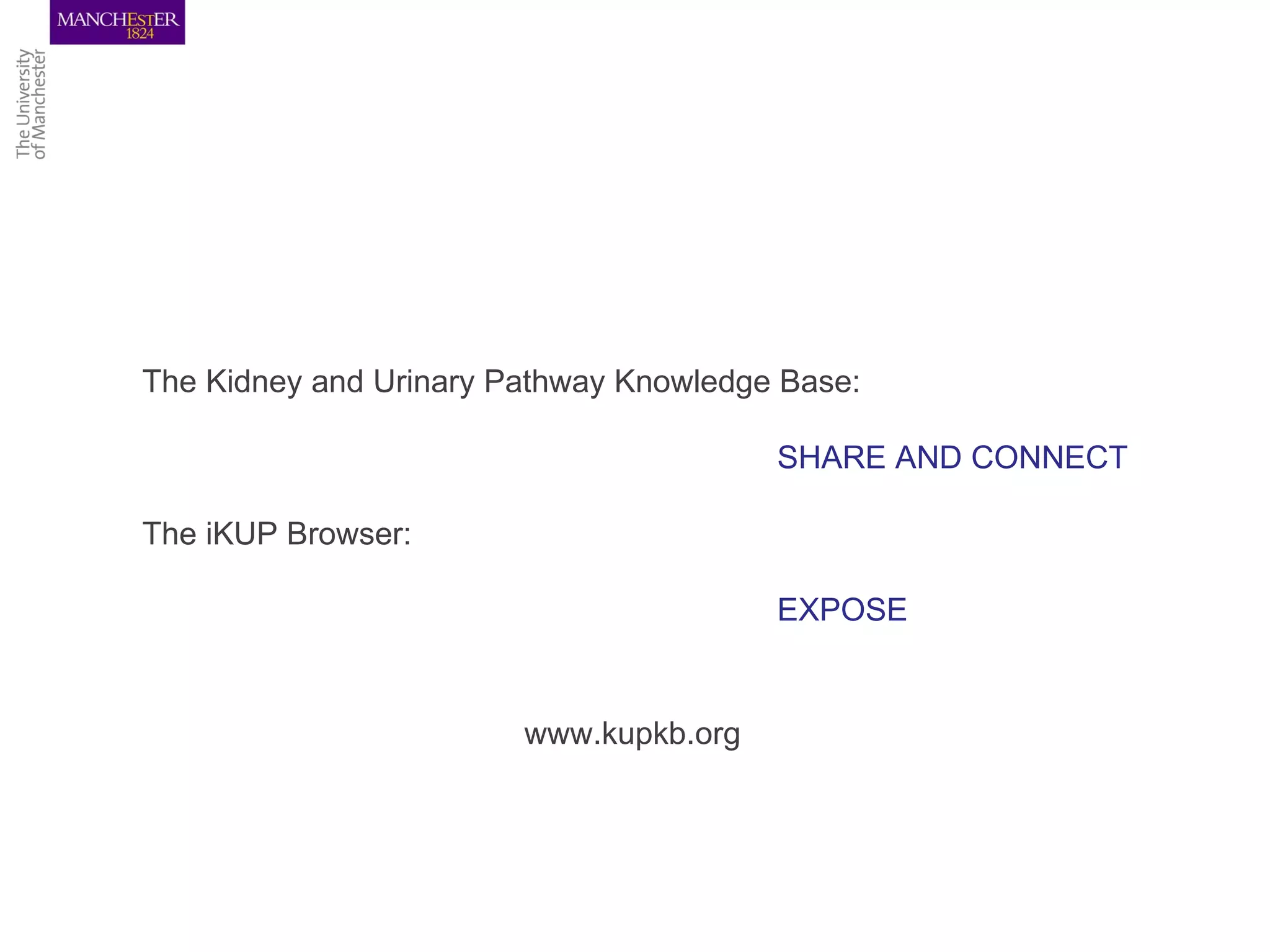 The Kidney and Urinary Pathway Knowledge Base:

                                        SHARE AND CONNECT

The iKUP Browser:

                                        EXPOSE


                        www.kupkb.org
 