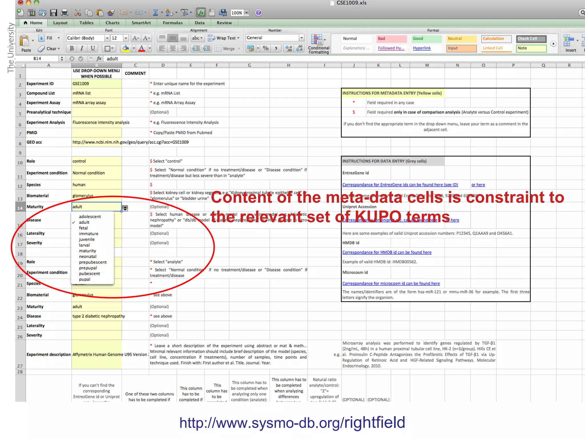 Describing/Collecting experimental data
Gathering good meta-data AND data again by stealth using RightField




                      Content of the meta-data cells is constraint to
                      the relevant set of KUPO terms




                  http://www.sysmo-db.org/rightfield
 