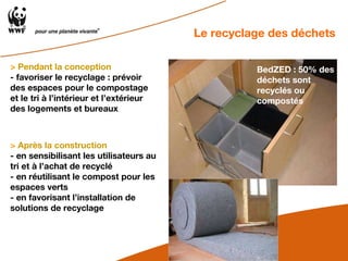 >   Pendant la conception  - favoriser le recyclage : prévoir des espaces pour le compostage et le tri à l’intérieur et l’extérieur des logements et bureaux >   Après la construction - en sensibilisant les utilisateurs au tri et à l’achat de recyclé - en réutilisant le compost pour les espaces verts - en favorisant l’installation de solutions de recyclage  Le recyclage des déchets BedZED : 50% des déchets sont recyclés ou compostés 