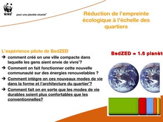Réduction de l’empreinte écologique à l’échelle des quartiers L’expérience pilote de BedZED comment créé on une ville compacte dans laquelle les gens aient envie de vivre ? Comment on fait fonctionner cette nouvelle communauté sur des énergies renouvelables ? Comment intègre on ces nouveaux modes de vie dans la forme et l’architecture du quartier ? Comment fait on en sorte que les modes de vie durables soient plus confortables que les conventionnelles? BedZED = 1.6 planète 
