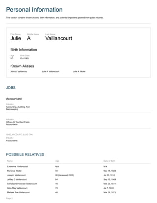 Personal Information
This section contains known aliases, birth information, and potential imposters gleaned from public records.
First Name
Julie
Middle Name
A
Last Name
Vaillancourt
Birth Information
Age
57
Birth Date
Oct 1965
Known Aliases
Julie A Vaillancou Julie A Vallancourt Julie A Motel
JOBS
Accountant
Industry
Accounting, Auditing, And
Bookkeeping
Industry
Offices Of Certified Public
Accountants
VAILLANCOURT, JULIE CPA
Industry
Accountants
POSSIBLE RELATIVES
Name Age Date of Birth
Catherine Vaillancourt N/A N/A
Florence Motel 94 Nov 14, 1928
Joseph Vaillancourt 86 (deceased 2002) Jul 20, 1916
Jeffrey C Vaillancourt 64 Sep 13, 1958
Christopher Michael Vaillancourt 49 Mar 23, 1974
Alice May Vaillancourt 73 Jul 7, 1949
Melissa Rae Vaillancourt 48 Mar 28, 1975
Page 2
 