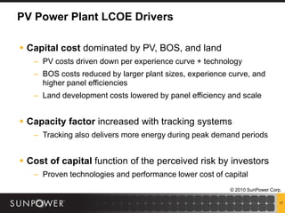 PV Power Plant LCOE Drivers

 Capital cost dominated by PV, BOS, and land
   – PV costs driven down per experience curve + technology
   – BOS costs reduced by larger plant sizes, experience curve, and
     higher panel efficiencies
   – Land development costs lowered by panel efficiency and scale


 Capacity factor increased with tracking systems
   – Tracking also delivers more energy during peak demand periods


 Cost of capital function of the perceived risk by investors
   – Proven technologies and performance lower cost of capital
                                                         © 2010 SunPower Corp.

                                                                             17
 
