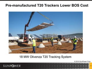 Pre-manufactured T20 Trackers Lower BOS Cost




       18 MW Olivenza T20 Tracking System
                                            © 2010 SunPower Corp.

                                                                19
 