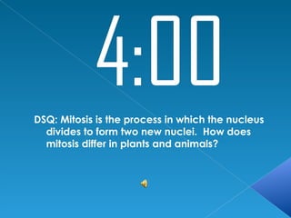 DSQ: Mitosis is the process in which the nucleus
  divides to form two new nuclei. How does
  mitosis differ in plants and animals?
 
