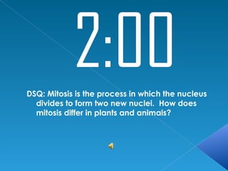 DSQ: Mitosis is the process in which the nucleus
  divides to form two new nuclei. How does
  mitosis differ in plants and animals?
 