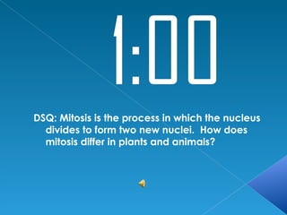 DSQ: Mitosis is the process in which the nucleus
  divides to form two new nuclei. How does
  mitosis differ in plants and animals?
 