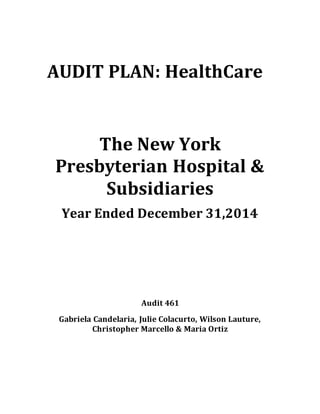 AUDIT PLAN: HealthCare
The New York
Presbyterian Hospital &
Subsidiaries
Year Ended December 31,2014
Audit 461
Gabriela Candelaria, Julie Colacurto, Wilson Lauture,
Christopher Marcello & Maria Ortiz
 