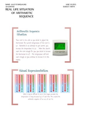 NAME: JULIE FE MAQUILING JUNE 19,2015
10-CONTAD SUBJECT: MATH
REAL LIFE SITUATION
OF ARITHMETIC
SEQUENCE
 