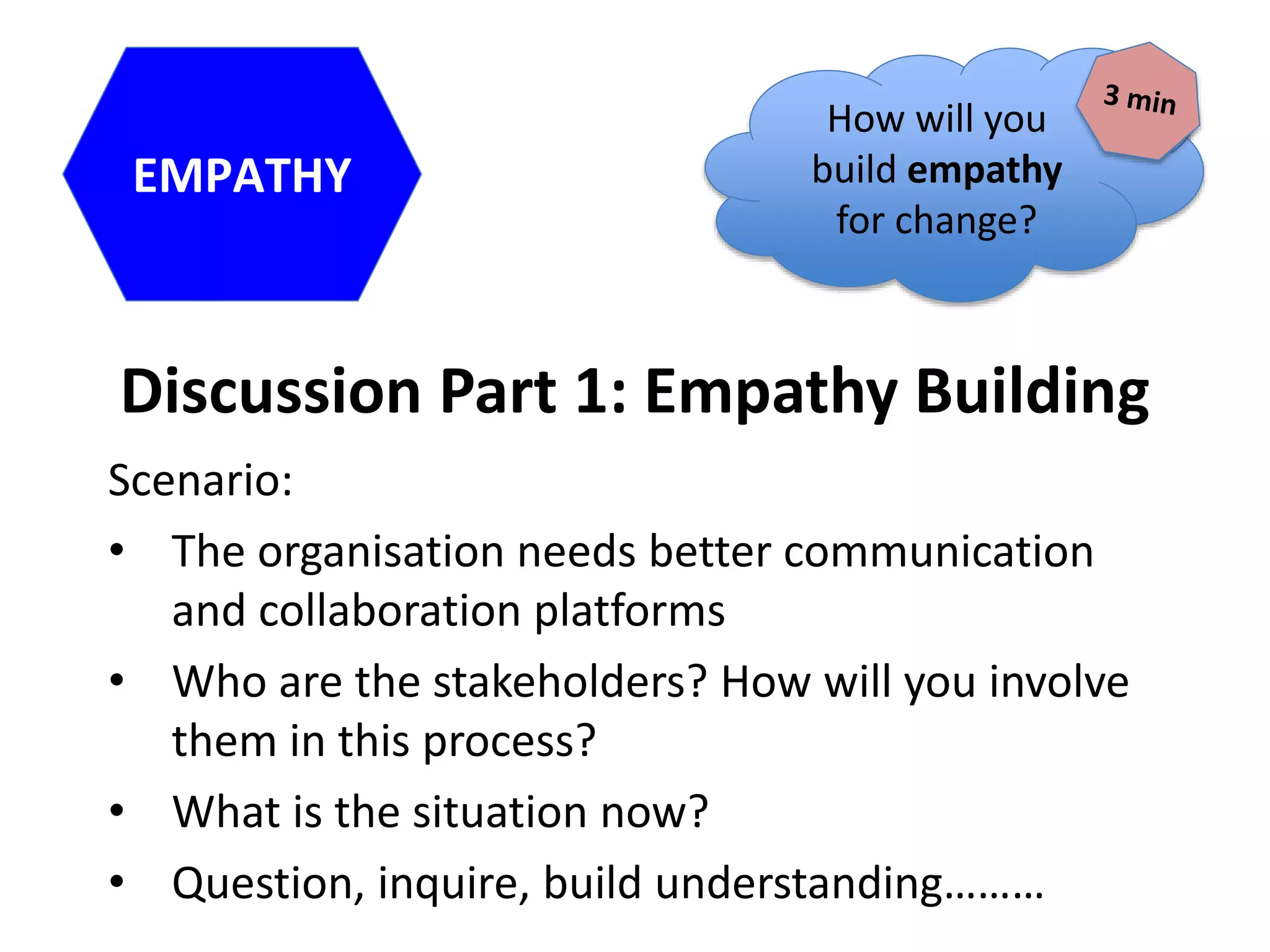 Discussion Part 1: Empathy Building
Scenario:
• The organisation needs better communication
and collaboration platforms
• Who are the stakeholders? How will you involve
them in this process?
• What is the situation now?
• Question, inquire, build understanding………
EMPATHY
How will you
build empathy
for change?
 