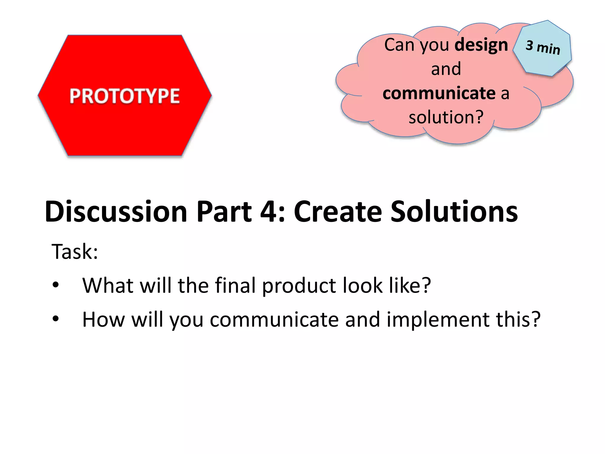 Discussion Part 4: Create Solutions
Task:
• What will the final product look like?
• How will you communicate and implement this?
Can you design
and
communicate a
solution?
 